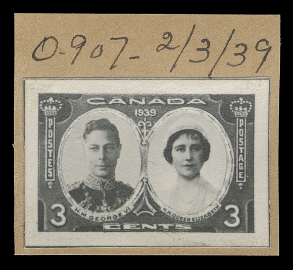 CANADA -  9 KING GEORGE VI  246-248,Photographic essays affixed to large CBN archival ledger piece,  also a photographic proof of the finished 3c stamp on separate  piece, each with manuscript order number and production date at  top. Outstanding, exhibition-caliber items, VF and quite likely  UNIQUE

As new photos of the King & Queen had not arrived by December  1938, the engraver had to resort to taking the same portrait as  the 1937 Coronation stamp. Once a new photo had been received by  CBN, the engraver prepared a new die, finished Feb. 3rd, 1939.

