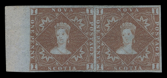 NOVA SCOTIA -  1 PENCE  1,A remarkable mint horizontal pair with sheet margin at left and ample to large margins on other sides, lovely colour on distinctive blue wove paper, in flawless condition and possessing large part original gum. A wonderful multiple of this classic stamp, VF H

Expertization: 1990 BPA certificate

Provenance: Claude Cartier Part One, SG Auctions, April 1977; Lot 89
