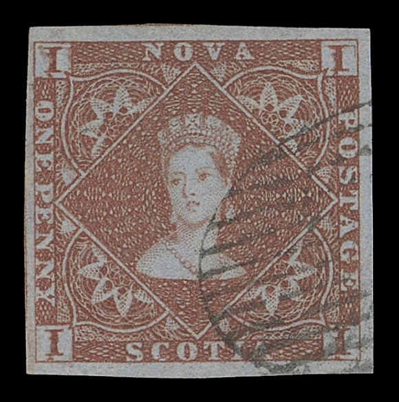NOVA SCOTIA -  1 PENCE  1,An exceptional used single displaying the Major Fresh Entry (Plate II; Position 49) with very strong doubling in all value tablets and in "NOVA", among other traits, amazingly large margins including portion of adjacent stamps at left and at top, beautiful rich colour and sharp impression on fresh paper, neat "face-free" oval mute grid cancellation. We doubt a finer used example of this prominent plate variety exists. A great stamp for the specialist, XF; 2019 Greene Foundation cert.