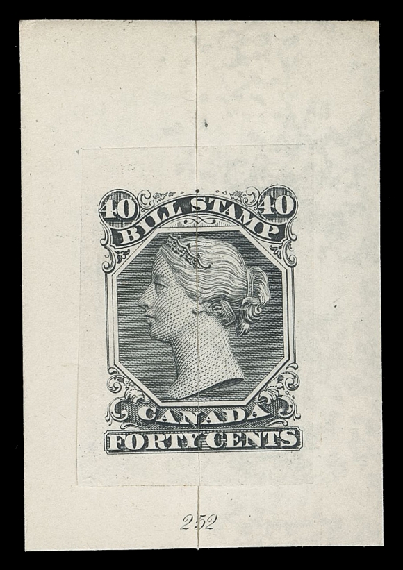 CANADA REVENUES (FEDERAL)  FB18-FB36,A fantastic COMPLETE SET of seventeen engraved "Goodall" Die Proofs, printed in black on india paper sunk on individual cards (ex $1 on india only). The 8c and 40c with vertical surface indent line, $2 with horizontal crease. Nearly all show the die number and ABNC imprint; $2 & $3 without vignette characteristic of "Goodalls" on these values. An exceedingly rare intact set, VF

In 1878 both National and Continental Bank Note were amalgamated with ABNC with A.C. Goodall as president. Shortly after, ABNC produced approximately five sets for their dies in five different colours (nomenclature for shades varies somewhat depending on author) in sepia, vermilion, grey black, greenish blue and bluish green. Most were dispersed as gifts to friends and allies of Mr. Goodall.

A REMARKABLE SET OF ALL THE "GOODALL" DIES IN THE SAME COLOUR.