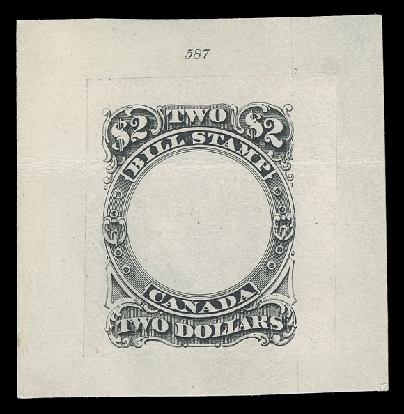 CANADA REVENUES (FEDERAL)  FB18-FB36,A fantastic COMPLETE SET of seventeen engraved "Goodall" Die Proofs, printed in black on india paper sunk on individual cards (ex $1 on india only). The 8c and 40c with vertical surface indent line, $2 with horizontal crease. Nearly all show the die number and ABNC imprint; $2 & $3 without vignette characteristic of "Goodalls" on these values. An exceedingly rare intact set, VF

In 1878 both National and Continental Bank Note were amalgamated with ABNC with A.C. Goodall as president. Shortly after, ABNC produced approximately five sets for their dies in five different colours (nomenclature for shades varies somewhat depending on author) in sepia, vermilion, grey black, greenish blue and bluish green. Most were dispersed as gifts to friends and allies of Mr. Goodall.

A REMARKABLE SET OF ALL THE "GOODALL" DIES IN THE SAME COLOUR.