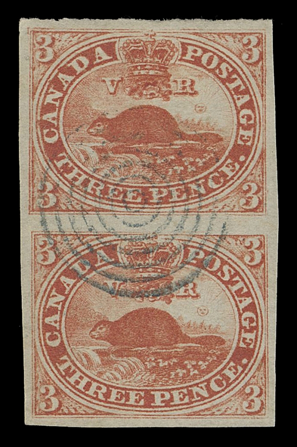 CANADA -  2 PENCE  4xi, viii,A fabulous large margined vertical pair showing Major Re-entry (Pos. 53) on top stamp - the "VR" re-entry, with doubling throughout design notably in "EE PEN" of "THREE PENCE", surrounding oval, "VR", etc., faint corner bend on lower stamp, ideal, light concentric rings cancel, VF+