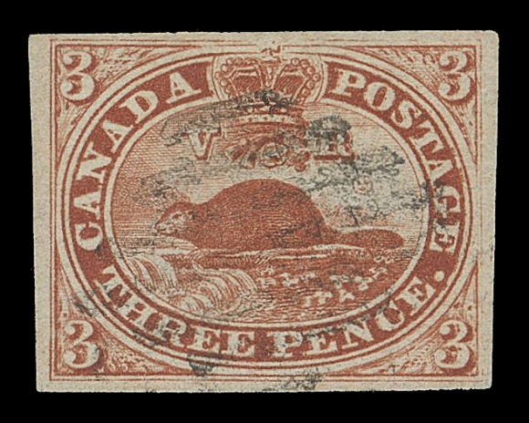 CANADA -  2 PENCE  4c, viii,A lovely example of this elusive printing showing Major Re-entry with doubling of the lettering, in all "3s" and oval, large margins and superb colour along with a centrally struck diamond grid cancel of Toronto, VF+ (Unitrade 4c, viii)