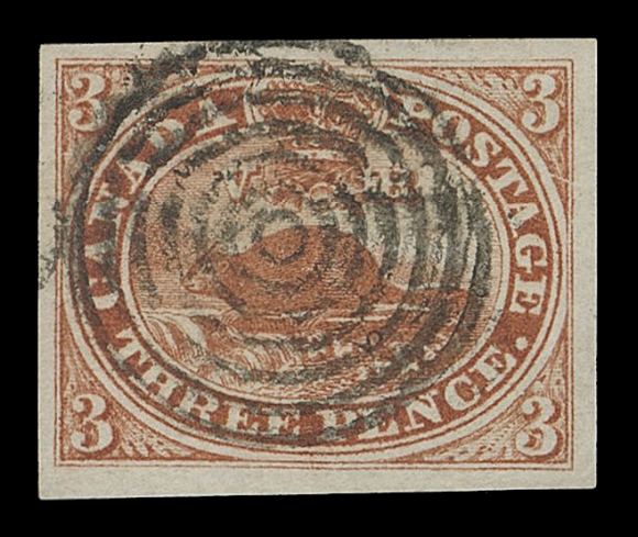 CANADA -  2 PENCE  4,A superb used example with large margins, bright colour and impression on pristine fresh paper, socked-on-nose concentric rings cancel, XF