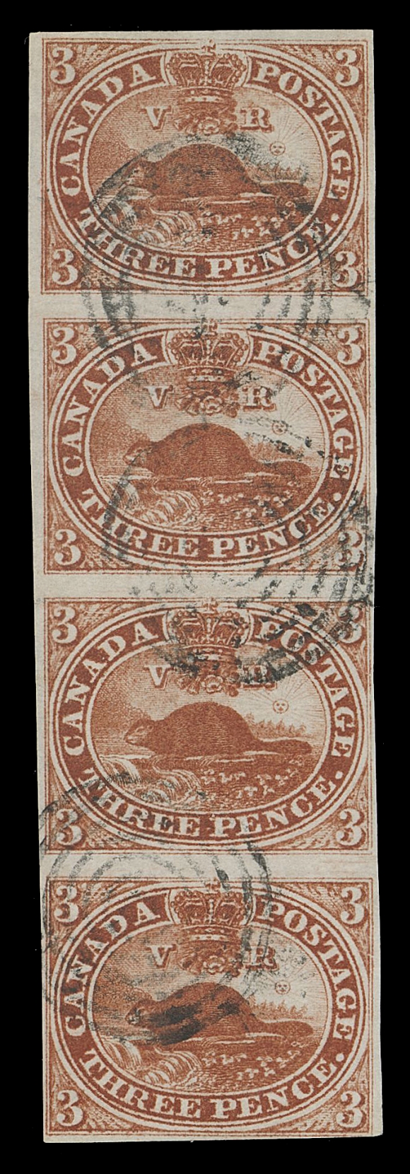 CANADA -  2 PENCE  4i,A very scarce used strip of four with clear to large margins, deep rich colour on pristine wove paper, light concentric rings cancellations. Fault-free multiples larger than pairs are very difficult to obtain; a great item for the advanced collector, Fine+; 2004 Greene Foundation cert.

Provenance: Charles Lathrop Pack Part III, Harmer Rooke & Co., November 1989; Lot 1561
                   Foxbridge (John du Pont) Collection, private treaty (circa. 1988)
                   Weill Brothers, Christie