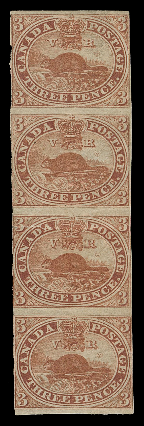 CANADA -  2 PENCE  4a,A rare mint strip of four, somewhat irregular margin at left just touching design or frameline, bends and a broken crease which has partly separated on third stamp, overall Fine appearance with large part original gum. Very few mint OG multiples survive in any condition; 2012 Greene Foundation cert.