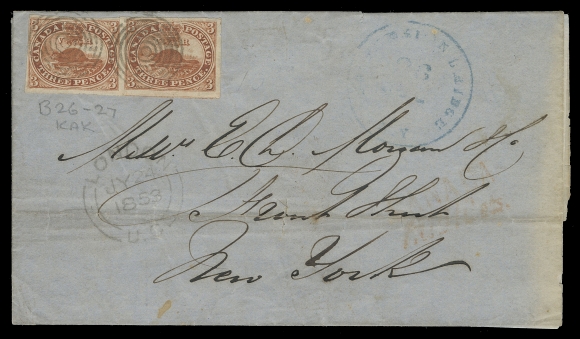 CANADA -  2 PENCE  1853 (July 24) Blue folded cover to New York, horizontal file fold away from a horizontal pair of 3p brown red on medium wove paper (Pane B; Pos. 26-27), clear to huge margins, neatly tied by light concentric rings, London double arc dispatch and partly legible large circular border exchange office Suspension Bridge US datestamp in blue, light "CANADA / PAID 10Cts" two-line handstamp in red; paying the single-letter rate to the United States, F-VF (Unitrade 4a)