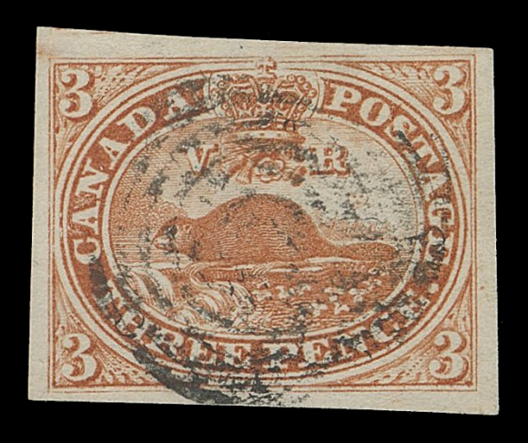 CANADA -  2 PENCE  4ii variety,A premium used example in a distinctive bright shade showing the documented (in Jarrett & Boggs) Plate Variety "Full Stop 3" with coloured "dot" feature at lower left and two fainter yet visible markings which confirm its plate position, concentric rings cancel; a nice stamp for the specialist, XF