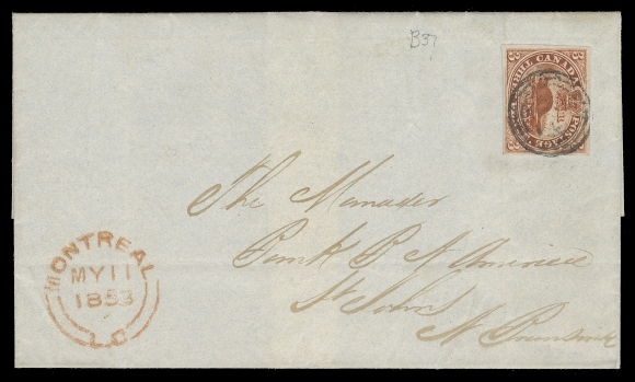 CANADA -  2 PENCE  1853 (May 11) Folded cover in immaculate condition with intact red wax seal on reverse, bearing a 3p brown red on medium wove paper (Pane B; Pos. 37), fabulous colour, well clear to large margins, just tied by centrally struck concentric rings cancel, neat Montreal double arc dispatch in red, addressed to Saint John, New Brunswick; on reverse four very clear transits & receiver - Quebec MY 12, Woodstock, NB MY 17 and St. John MY 18. A great cover, paying the 3 pence interprovincial letter rate, quite scarce and certainly among the choicest of the known Pence covers to New Brunswick, VF+ (Unitrade 4a)