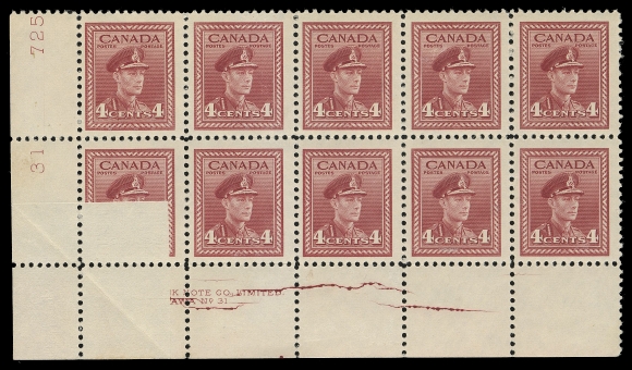 CANADA -  9 KING GEORGE VI  254 variety,Lower left mint Plate 31 block of ten with a prominent Cracked Plate variety as well as a remarkable Pre-Printing Paper Fold resulting in a large unprinted portion (which appears on the reverse), light overall gum disturbance. A great item, F-VF