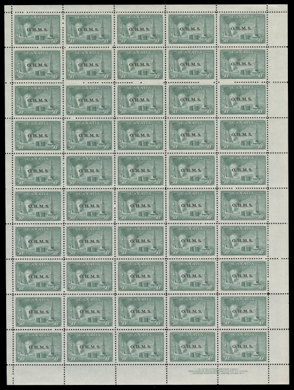 CANADA - 18 OFFICIALS  O11,Lower Right Plate 1 mint sheet of 50, folded between fifth and sixth rows, well centered and fresh; a scarce intact sheet, VF NH (Unitrade cat. $3,020)