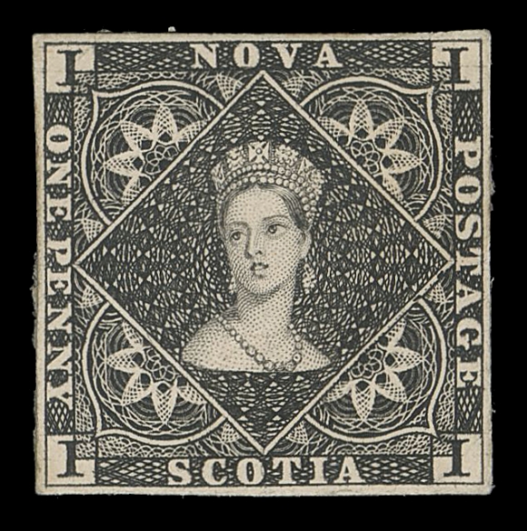 NOVA SCOTIA -  1 PENCE  1,Perkins Bacon Engraved Die Proof printed in black on thick white card, margins all around and showing the characteristic uncleared extension of the corner frameline within all value tablets. A rare and desirable die proof, stamp size as nearly all are; one of only six known according to Argenti, the leading authority on the subject, VF

Provenance: Nicholas Argenti, Harmer Rooke & Co., November 1963; Lot 342 