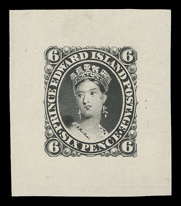PRINCE EDWARD ISLAND  10,British American Bank Note engraved Die Essay in black on india paper 33 x 38mm; the classic "Chalon" portrait with unadopted 6 pence denomination in all four corners. A beautiful Die Essay in all respects, XF and rare