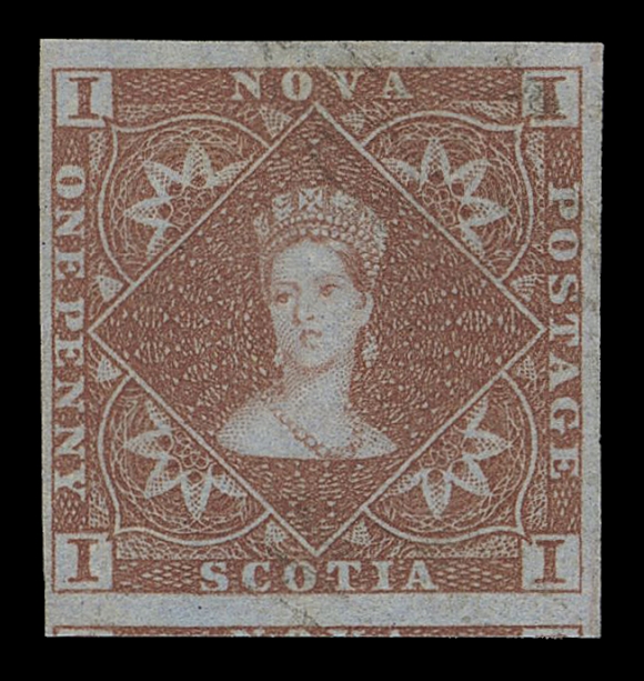 NOVA SCOTIA -  1 PENCE  1,An impressive mint single surrounded by mostly very large margins and showing portion of adjacent stamp at foot, unobtrusive light cancellation accentuates its great appeal, XF