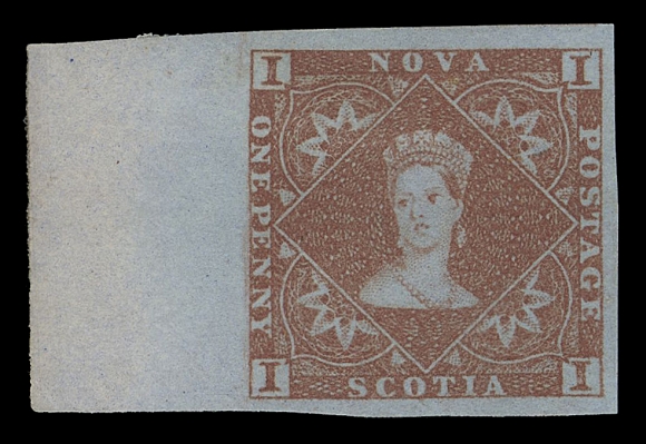 NOVA SCOTIA -  1 PENCE  1,A phenomenal mint example of this classic stamp, a true condition rarity, which without question qualifies as THE FINEST EXISTING  MINT EXAMPLE, displaying outstanding attributes with unbelievably large margins including large sheet margin at left, fabulous colour on bright fresh blue paper and small part original gum, an absolute GEM. A special stamp that has no equal, Extremely Fine  OG GEM

Expertization: 1974 BPA certificate

Provenance: Dale-Lichtenstein, Sale 2 - British North America Part One, H.R. Harmer, Inc., November 1968; Lot 737 - realized $575 hammer against a catalogue value then of $250.
