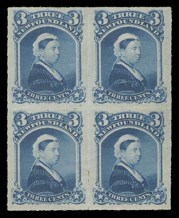 NEWFOUNDLAND -  2 CENTS  39,An impressive mint block of four of this challenging stamp, unusually well centered with brilliant fresh colour and large part original gum. Mint blocks of this stamp are very rare and this one is certainly among the finest, VF+ OG