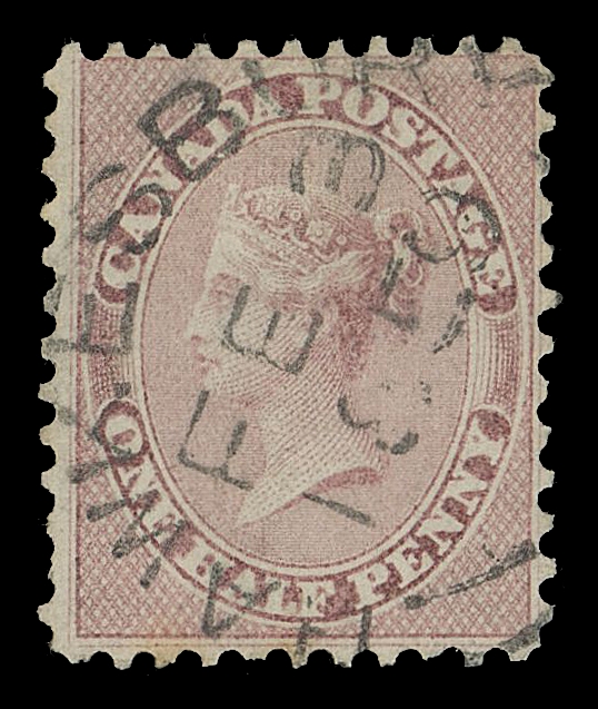 CANADA -  2 PENCE  11,A striking used example with socked-on-nose Hawkesbury FE 3 1859 double arc postmark; minute thin and light tone spots at foot, a most attractive stamp, Fine