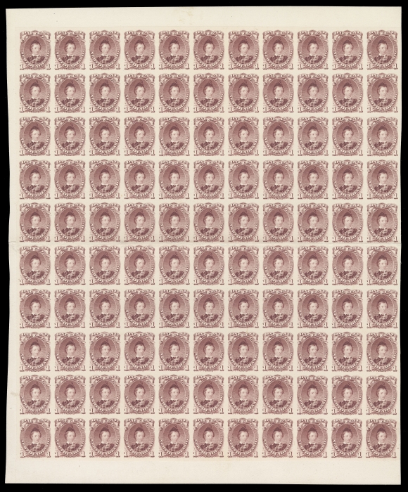 NEWFOUNDLAND -  2 CENTS  32A,American Bank Note Company plate proof sheet of 110 subjects (11 x 10) in near issued colour on card mounted india paper, without imprint as do all known of this  ABNC issue; folded horizontally between fifth and sixth rows; a very scarce intact sheet, VF (Unitrade cat. $8,800)