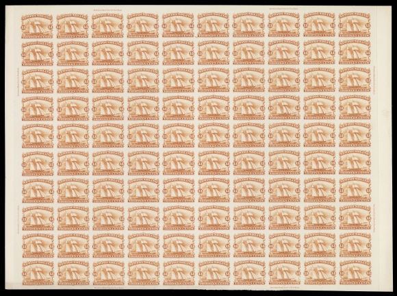 NEWFOUNDLAND -  2 CENTS  24-31,The original set of six in issued colours in plate proof sheets of 100 on card mounted india paper; 12c & 24c folded horizontally at centre. A very rare and wonderful full set of sheets, very few survive, VF (Unitrade $60,000 as normal single proofs)

Plate imprints and varieties:

2c Codfish - eight imprints, pencil notation "used for stamp exhibit 5/8/36" in right sheet margin, light adhesion marks on card side.
5c Harp Seal - eight imprints, Misplaced Entry (Pos. 95), Strong / Major Re-entries at Positions 1, 2, 14, 15, 34, 39, 54, 80, pencil notation "used for stamp exhibit 5/8/36" in right margin, light adhesion marks on card side.
10c Prince Albert - eight imprints, Re-entries at Positions 8, 80, 90
12c Queen Victoria - no imprint, plate varieties "Chin Strap" (Pos. 68), Gash on Nose (Pos. 95) and Re-entries at Positions 24, 25, 69
13c Schooner - eight imprints, Re-entry at Position 18
24c Queen Victoria - eight imprints, Re-entry at Position 9