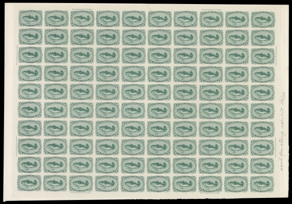 NEWFOUNDLAND -  2 CENTS  24-31,The original set of six in issued colours in plate proof sheets of 100 on card mounted india paper; 12c & 24c folded horizontally at centre. A very rare and wonderful full set of sheets, very few survive, VF (Unitrade $60,000 as normal single proofs)

Plate imprints and varieties:

2c Codfish - eight imprints, pencil notation "used for stamp exhibit 5/8/36" in right sheet margin, light adhesion marks on card side.
5c Harp Seal - eight imprints, Misplaced Entry (Pos. 95), Strong / Major Re-entries at Positions 1, 2, 14, 15, 34, 39, 54, 80, pencil notation "used for stamp exhibit 5/8/36" in right margin, light adhesion marks on card side.
10c Prince Albert - eight imprints, Re-entries at Positions 8, 80, 90
12c Queen Victoria - no imprint, plate varieties "Chin Strap" (Pos. 68), Gash on Nose (Pos. 95) and Re-entries at Positions 24, 25, 69
13c Schooner - eight imprints, Re-entry at Position 18
24c Queen Victoria - eight imprints, Re-entry at Position 9