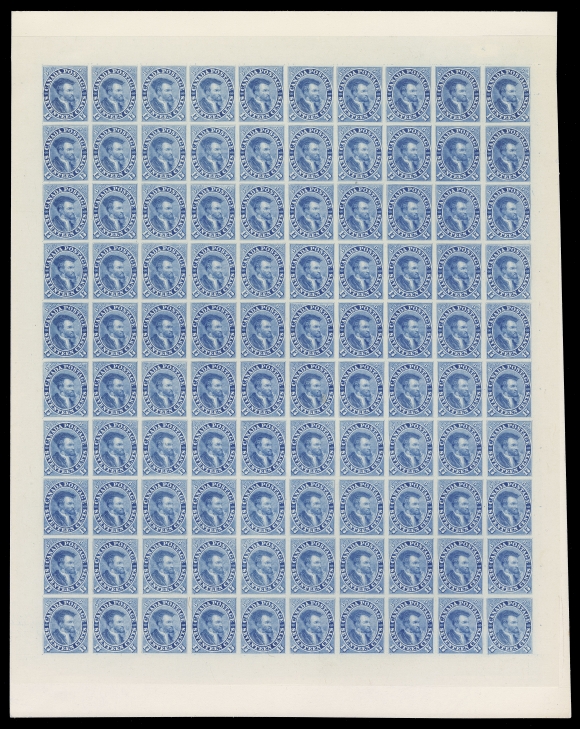 CANADA -  3 CENTS  19TC,A superb plate proof sheet of 100, printed in pale blue on card mounted india paper, without plate imprints as issued. Displayed are the listed Re-entries at Positions 5 and 100, plus the prominent "Burr on Shoulder" variety (Position 7). A lovely sheet in pristine condition, XF (Unitrade cat. $30,000 as singles)

Provenance: American Bank Note Company Archives, Christie
