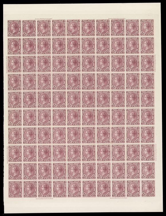 CANADA -  3 CENTS  20TC,A superb plate proof sheet of 100 printed in dark rose, near issued colour, on card mounted india paper, displaying eight ABNC imprints; also plate flaws and varieties such as engraver