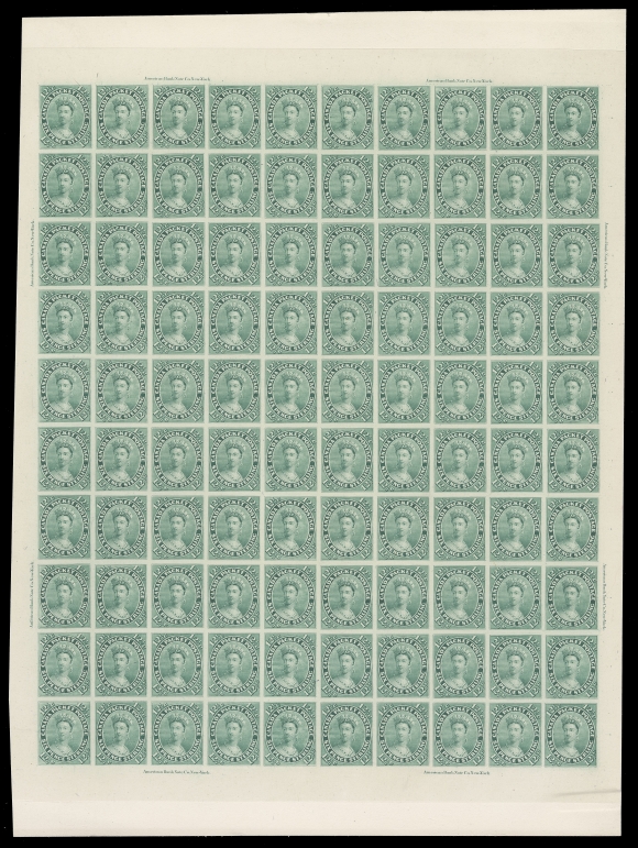 CANADA -  3 CENTS  18TC,A wonderful plate proof sheet of 100 in bluish green on card mounted india paper, surrounding the sheet are eight ABNC plate imprints, shows documented Major Re-entries at Positions 61, 62 & 94. Slight paper clip mark at lower right edge; a beautiful sheet in choice condition, VF+ (Unitrade cat. $30,000 as normal single proofs)

Provenance: American Bank Note Company Archives, Christie