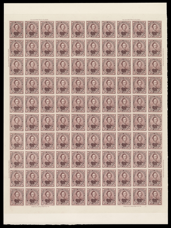 CANADA -  3 CENTS  17TCi + varieties,An immaculate plate proof sheet of 100 printed in brownish purple on card mounted india paper, displaying eight marginal ABNC plate imprints, shows listed plate varieties "String of Pearls" (Pos. 3), "Double Epaulette" (Pos. 61) and Re-entries at Positions 29, 51 among others. An exceptional sheet of this popular stamp, XF (Unitrade cat. $27,500 as normal single proofs)

Provenance: American Bank Note Company Archives, Christie