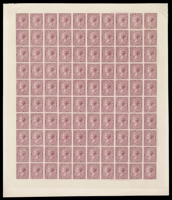 CANADA -  2 PENCE  8TC,Plate proof sheet of 100 printed on card mounted india paper, Rawdon, Wright, Hatch & Edson, New York plate imprint shown four times at right side, lacking the imprints along left side as the initial plate of 120 subjects was reduced (left two columns removed) to facilitate perforating of the 1858-1859 issue. Several listed Re-entries are visible at Positions 8, 18, 34, 38, 48, 50, 58, 60, 70, 80, 84 and the best at Position 100. Creasing in top corners well away from stamps, a wonderful sheet with myriad plate varieties, VF (Unitrade cat. $30,000 for singles)
