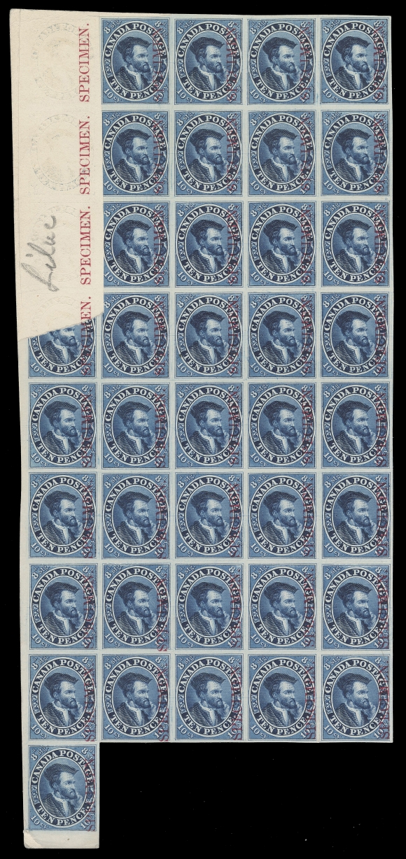 CANADA -  2 PENCE  7Pi + variety,A remarkable left margin plate proof block of 37 printed in blue  on card mounted india paper, three proofs and portion of a fourth were removed prior to overprinting the vertical SPECIMEN in  carmine directly to the card. Printer
