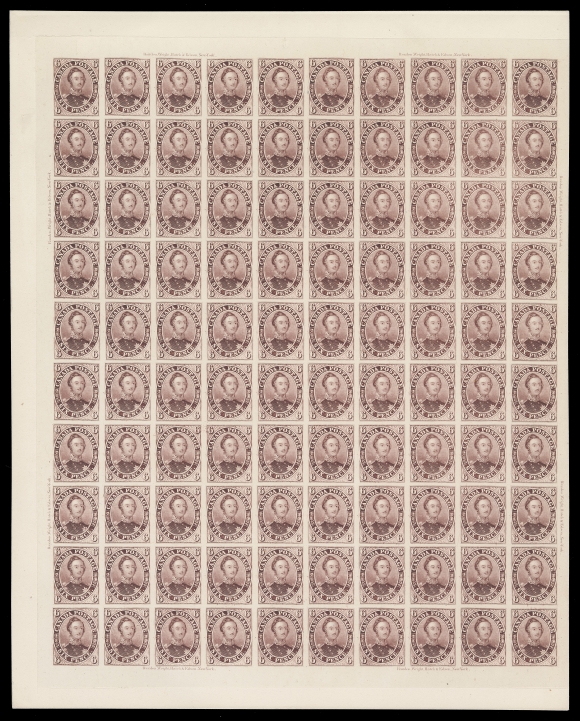 CANADA -  2 PENCE  2TC,An exceptionally fresh plate proof sheet of 100 printed in red lilac on card mounted india paper, the Left Pane showing the only listed plate variety on the 6p, "Burr on Forehead" (Position 43), surrounding the sheet are eight Rawdon, Wright, Hatch & Edson, New York plate imprints. In immaculate condition and one of the few remaining sheets, choice and XF (Unitrade cat. $30,000 as singles)

Provenance: American Bank Note Company Archives, Christie