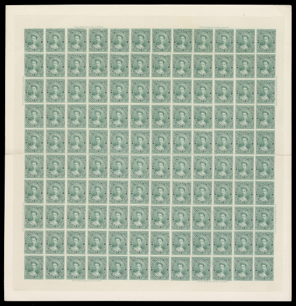 CANADA -  2 PENCE  9,An impressive plate proof sheet of 120 subjects printed in green, colour of issue, on card mounted india paper; folded horizontally at centre between fifth & sixth column, causing separation along five stamps; shows the Major Re-entry (Position 7) and both prominent Misplaced Entries in upper corner spandrels (Positions 47 & 83). A rare proof sheet, very few survive, VF (Unitrade cat. $42,000)