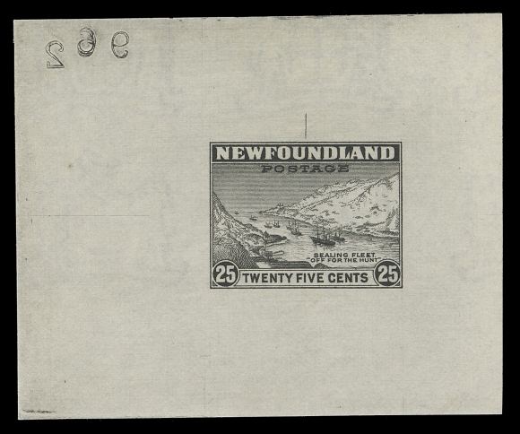 NEWFOUNDLAND -  5 1932-1938 RESOURCES  197,Trial Colour Die Proof printed in black on white wove watermarked paper 68 x 56mm; the final die with engraver