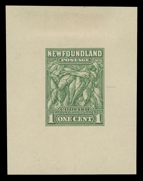 NEWFOUNDLAND -  5 1932-1938 RESOURCES  183,Die Proofs printed in green on white wove unwatermarked paper 45 x 59mm and in black on watermarked paper 39 x 47mm; both with engraver