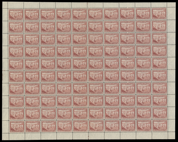 NEWFOUNDLAND -  6 1941-1944 RESOURCES  253-266,The complete set of fourteen in full sheets of 100; 1c & 48c show portion of plate number at top centre and centre left respectively; some marginal folds and peripheral flaws, each folded once vertically, natural gum bends as customary for Waterlow printings, a scarce and well preserved set, F-VF NH (Unitrade cat. $3,375)
