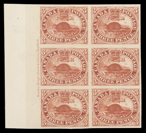 CANADA -  2 PENCE  1P, xii,A superb left margin plate proof block of six in issued colour on card mounted india paper, Pane B Positions 61-62 / 81-82, showing full Rawdon, Wright, Hatch & Edson, New York imprint and the Major Re-entry (Position 61) with extensive doubling marks in many letters, in the oval next to "CANADA" and "PO" of "CANADA POSTAGE" among other traits, choice and fresh, XF (Unitrade cat. as singles)