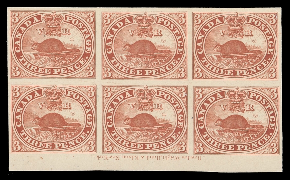 CANADA -  2 PENCE  1P,A fresh lower margin plate proof block of six in issued colour on card mounted india paper, Pane B Positions 87-89 / 97-99, showing full Rawdon, Wright, Hatch & Edson, New York imprint at foot, XF (Unitrade cat. as singles)