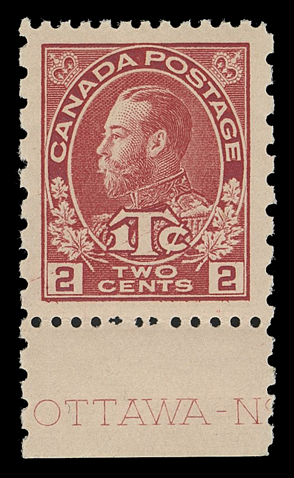 CANADA - 17 WAR TAX  MR5,An exceptional mint single with four well-balanced large margins, intact perforations all around, sheet margin at foot showing  portion of plate imprint, full immaculate original gum, XF NH  GEM stamp