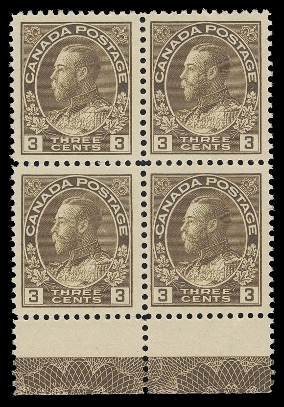 CANADA -  8 KING GEORGE V  108c,A nicely centered mint block showing complete, full strength  Type D lathework, rich colour, VF NH