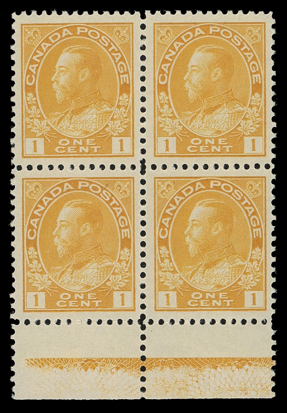 CANADA -  8 KING GEORGE V  105f,A bright fresh and select mint block showing Type D lathework (50% strength), a scarce printing / die / lathework combination originating from Plates 186-187 only, especially desirable in choice condition, VF NH; 2016 Greene Foundation cert.