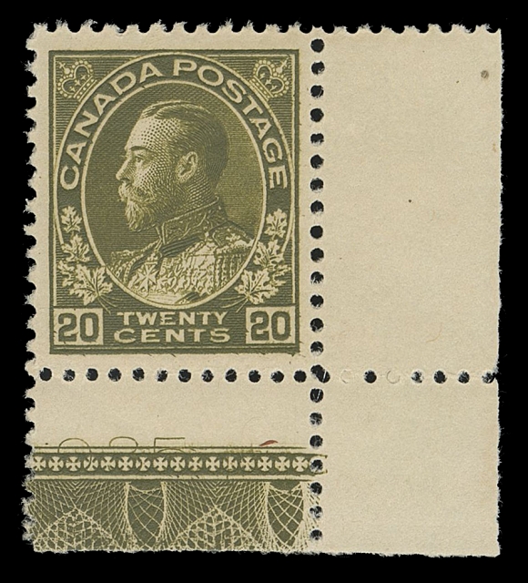 CANADA -  8 KING GEORGE V  119c,An impressive mint lower right corner margin single, well centered and displaying amazingly deep rich colour and equally superb, full strength Type A lathework, printing order number "935 F" imprint visible underneath lathework, VF+ NH