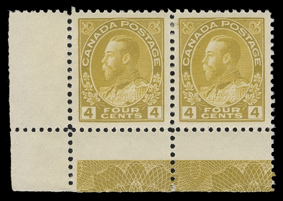 CANADA -  8 KING GEORGE V  110,An extremely well centered mint corner margin pair showing superb, full strength Type D lathework, a beautiful pair, XF LH