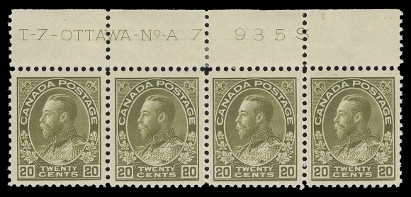 CANADA -  8 KING GEORGE V  119c,A well centered mint top margin strip of four with complete Plate 7 imprint, hinged in selvedge only, stamps are VF NH (Unitrade cat. $2,400 as singles)