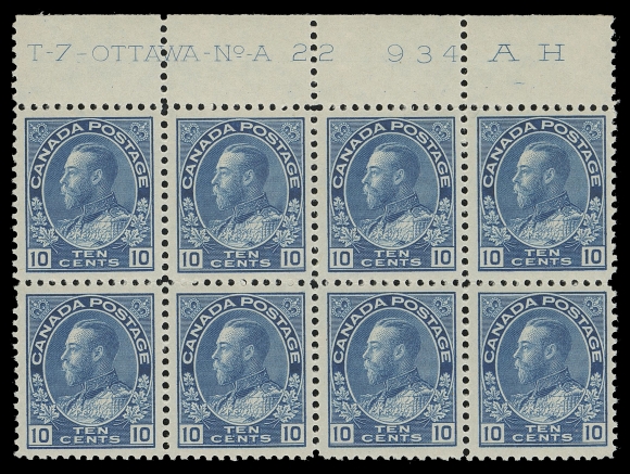 CANADA -  8 KING GEORGE V  117a,Beautiful, selected mint Plate 22 block of eight, VF NH (Unitrade cat. $1,680 as singles)
