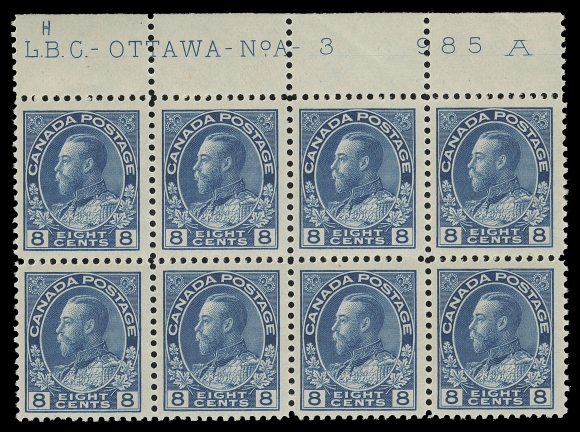 CANADA -  8 KING GEORGE V  115,A post office fresh, well centered, mint Plate 3 block of eight, light natural bend in margin only, showing engraver