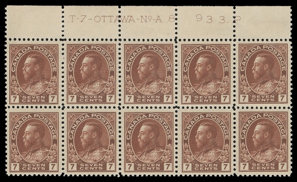 CANADA -  8 KING GEORGE V  114b,A selected mint Plate 8 block of ten with deep colour, nicely centered, immaculate original gum, VF NH (Unitrade cat. $1,350 as singles)