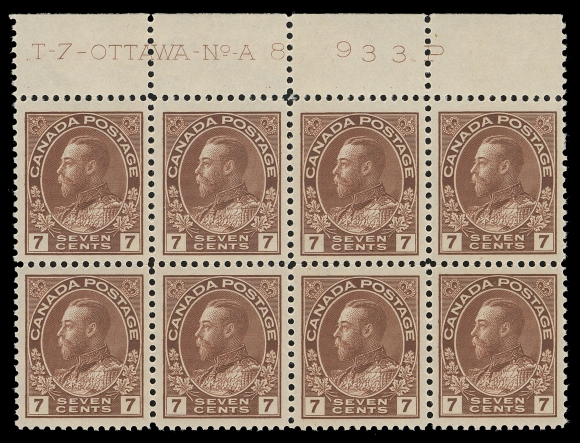 CANADA -  8 KING GEORGE V  114,An unusually choice mint Plate 8 block of eight, post office fresh, well centered with large margins; a premium example, XF NH (Unitrade cat. $840 as singles)