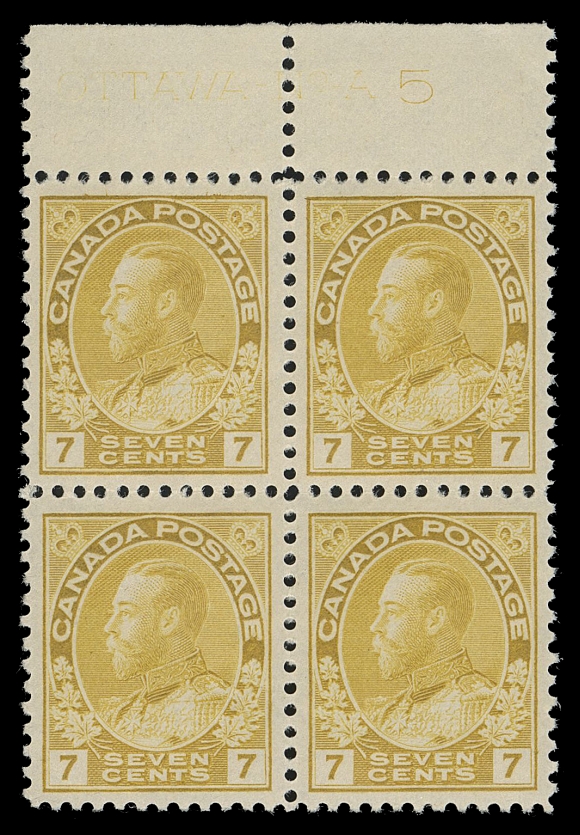 CANADA -  8 KING GEORGE V  113,A brilliant, fresh and very well centered mint block showing "OTTAWA - No - A5" plate imprint in top margin, unusually bright colour, choice condition, VF+ NH (Unitrade cat. $1,080 as singles)