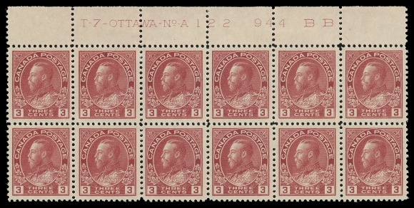 CANADA -  8 KING GEORGE V  109,An unusually well centered, fresh mint Plate 122 block of twelve, LH in the margin only, all stamps never hinged. A gorgeous plate block, VF+ (Unitrade cat. $1,080 as singles)