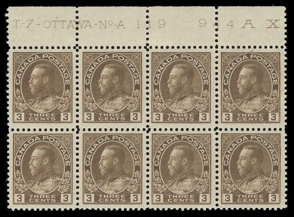 CANADA -  8 KING GEORGE V  108c,Well centered mint Plate 118 and 119 blocks of eight, both LH in selvedge only leaving all stamps NH. A choice duo, VF (Unitrade cat. $2,400 as singles)

These are the only plates of the 3c brown that were produced using the dry printing method (printed on pre-gummed sheets). An interesting diagonal printing flaw is visible on the upper right stamp on the Plate 119 block.